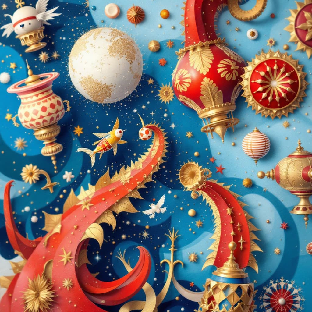 AI generated: A close-up of a magical realism inspired painting. The design is intricate and surreal, featuring mo...