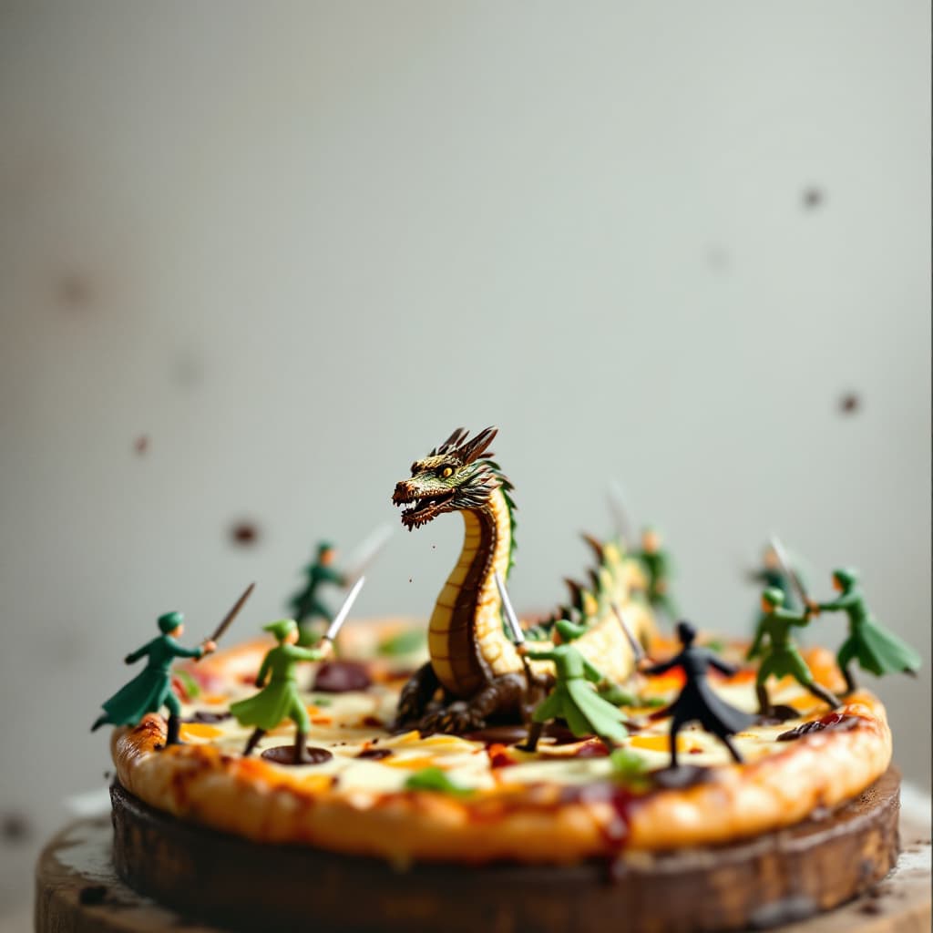 AI generated: tiny 10 men fighting with swords above a pizza , 5 men wearing green and the other 5 wearing black a...