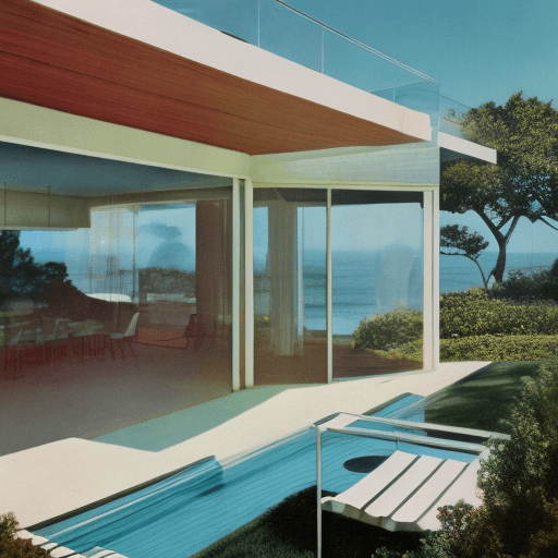 AI generated: Hyper realistic eye level exterior photo of a mid century modern style house overlooking the ocean, ...