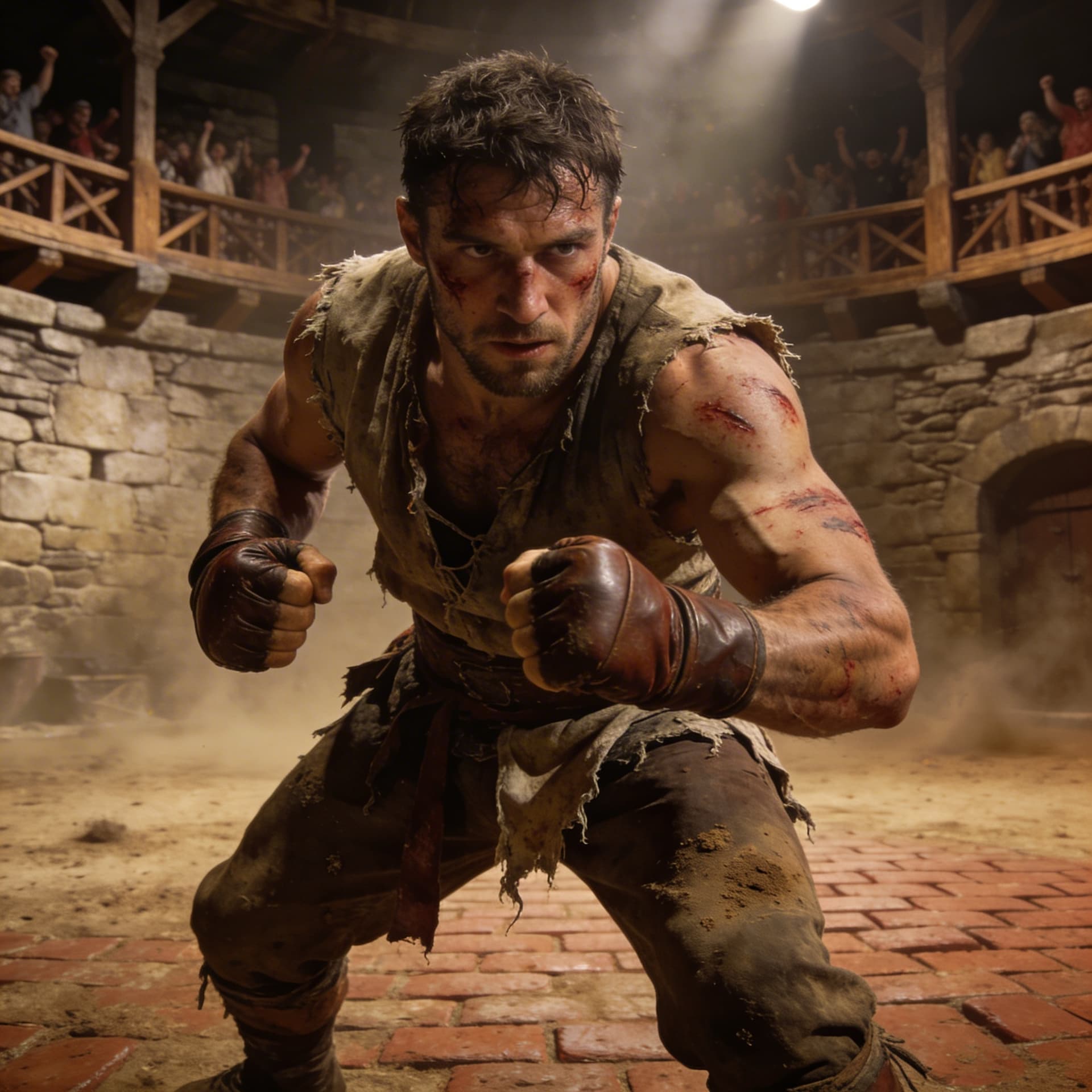 AI generated: human male, scruffy bare knuckle boxer, wearing weathered clothes. Covered in scars and bruises. rea...