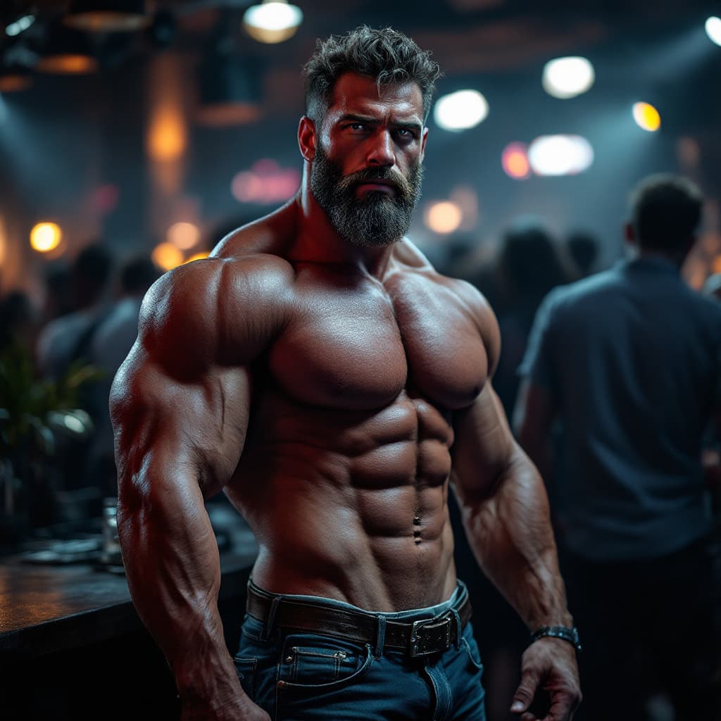 AI generated: high-resolution photo of extremely muscular daddy, with pretty face, with salt and pepper hair and b...