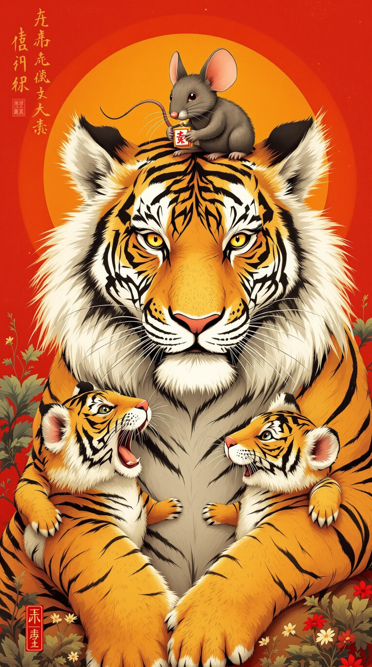 AI generated: a tiger and two tiger cubs, and a oversized mouse ,with a mouse on the tiger's head, the mouse holdi...