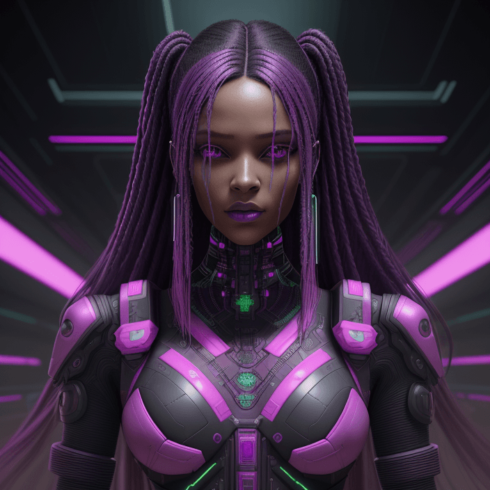 AI generated:  black gorgeous cyberpunk woman pretty Matrix, extra long hair, colors pink purple green, intricate ...