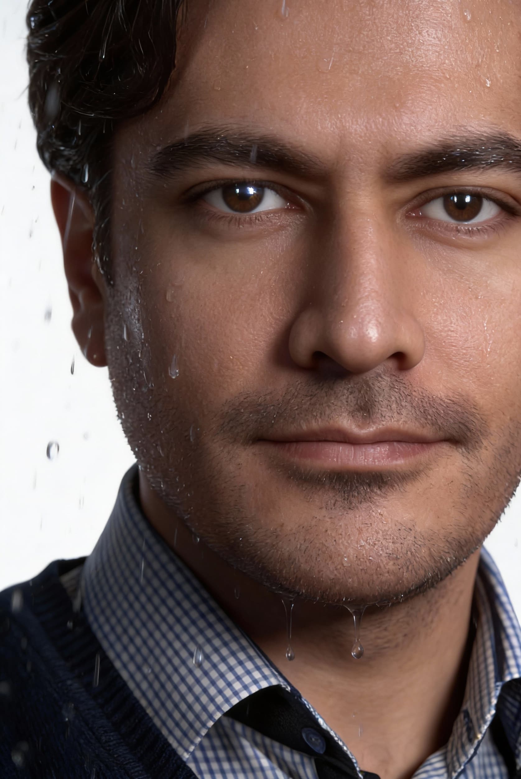 AI generated: A very close-up of water droplets falling on a man's face, realistic detail, sharp focus, sparkling ...