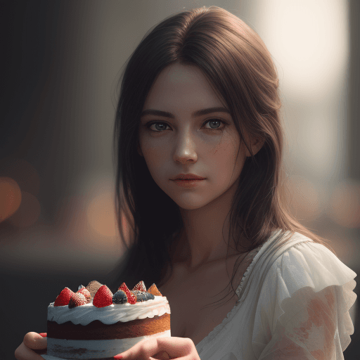 AI generated: female holding a cake, looking at viewer, portrait, photography, detailed skin, realistic, photo-rea...