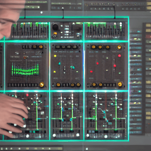 AI generated: More abstract figure playing with modular synth