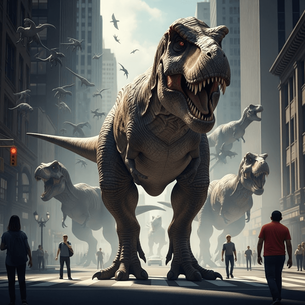 AI generated: Eyes glowing with prehistoric vengeance, surrounded by ghosts of fallen T. rexes. Every step it take...