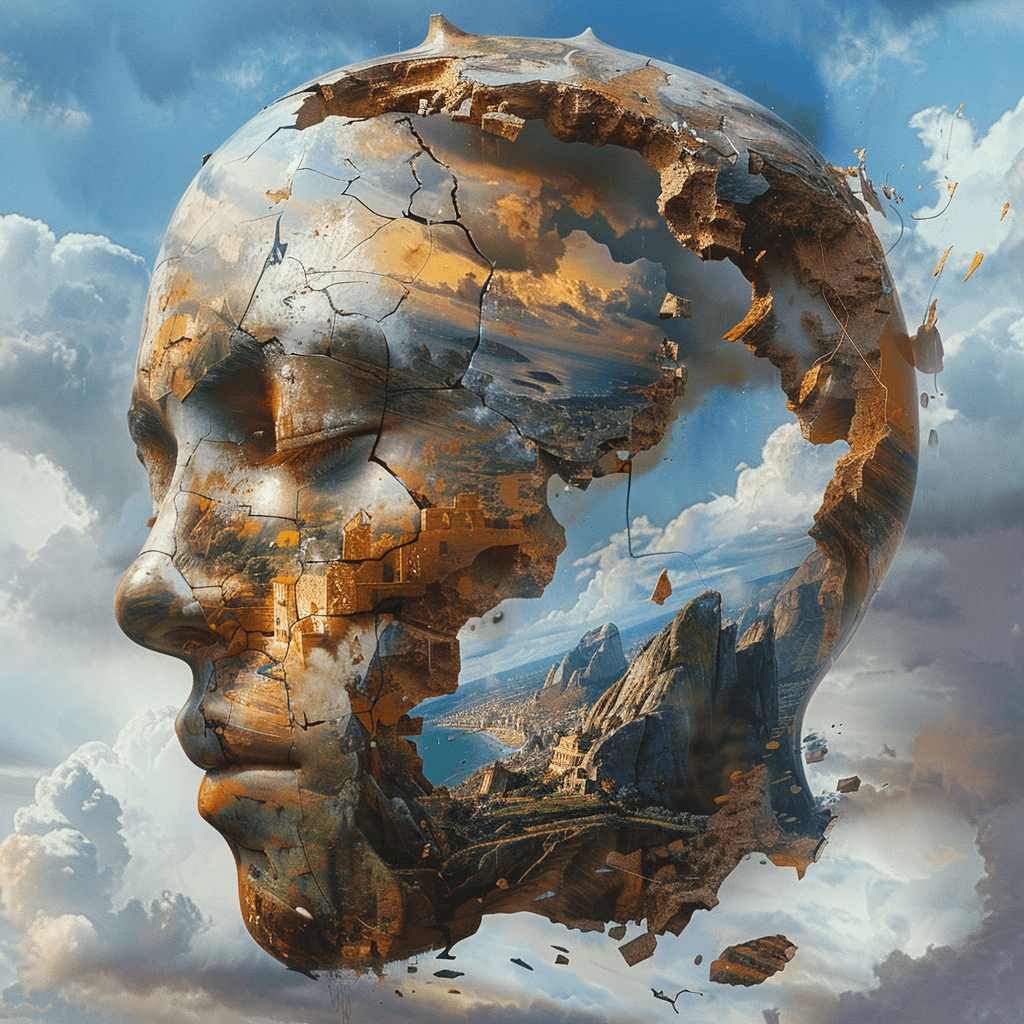 AI generated: a broken human head with different landscapes around it, in the style of detailed skies, photorealis...