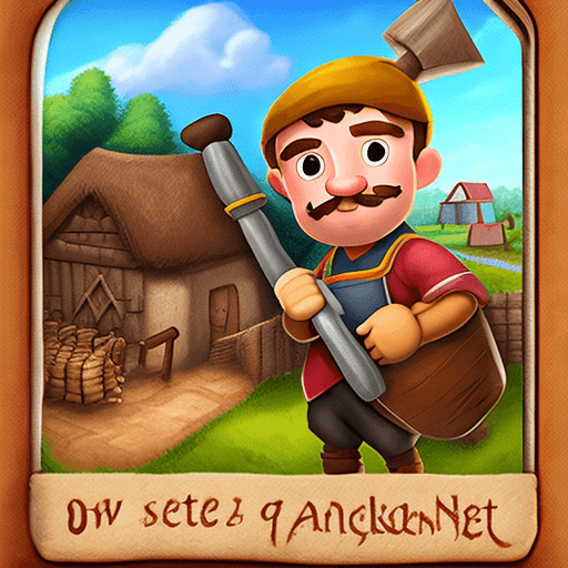 AI generated: game card, villager, holding hammer, working in a farm, village in background, medieval
