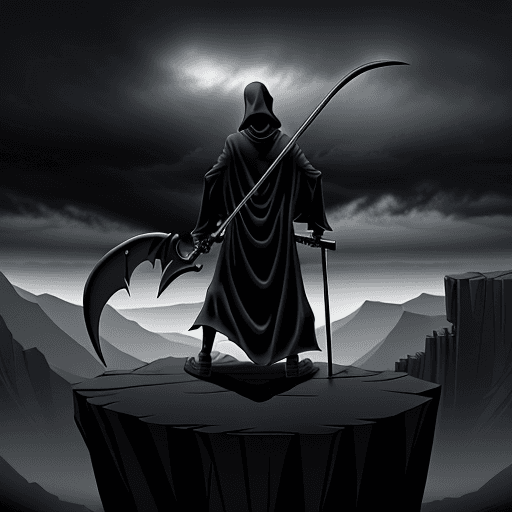AI generated: The Grim Reaper standing alone, on a dark cliff with his scythe in his hands.