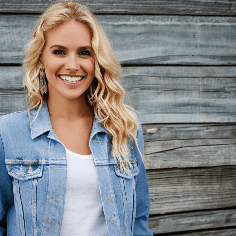 AI generated: medium close-up, young adult female, bright demeanor, long blonde waves, denim jacket, tailored fit,...