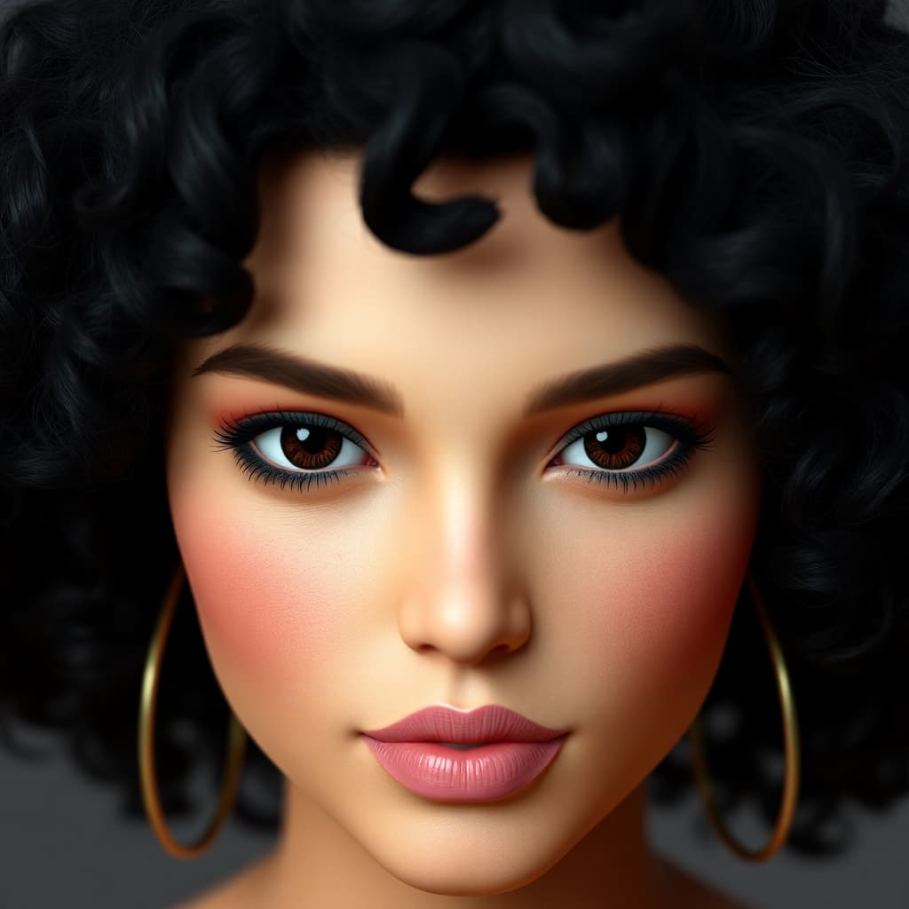 AI generated: a model with curly black hair, in the style of daz3d, close-up, hazy, wavy, brown, tondo, ferrania p...