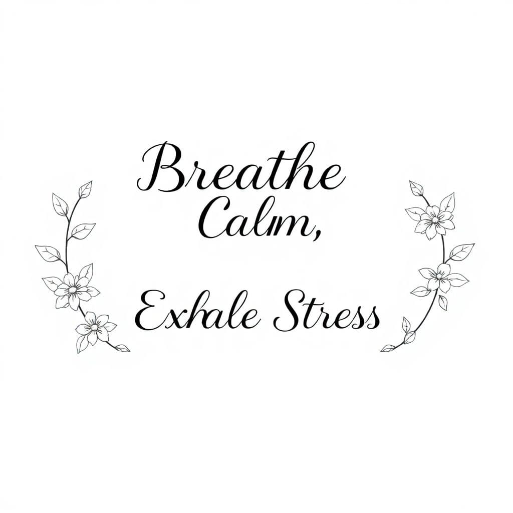 AI generated: Blank, simple illustration "The phrase 'Breathe in Calm, Exhale Stress' in elegant cursive font, sur...