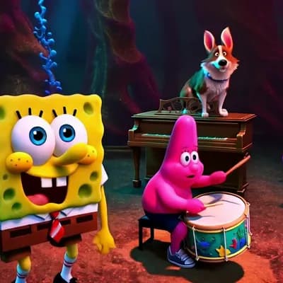 AI generated video: Spongebob dance and patrick beat drum dog ring piano rabbit horn
