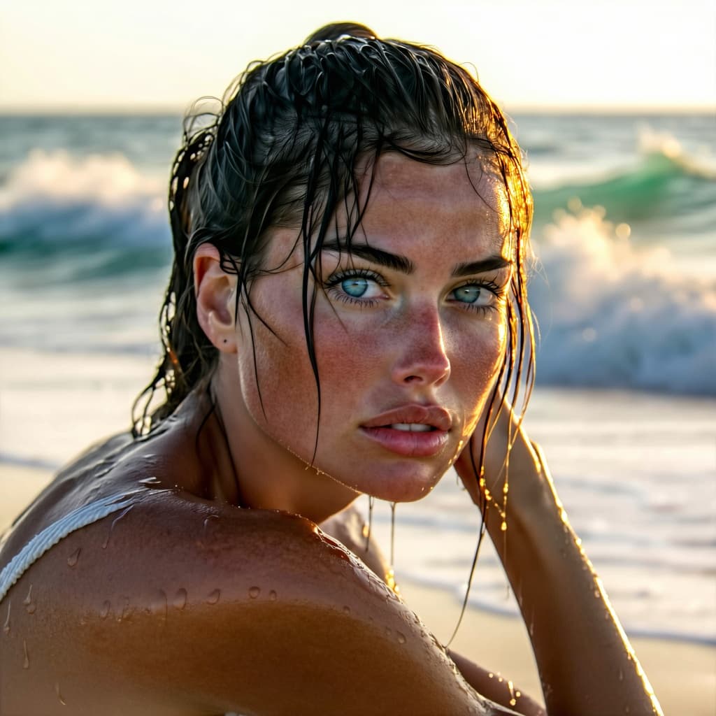 AI generated: A cinematic, photorealistic portrait of a woman relaxing on a sun-drenched tropical beach at golden ...