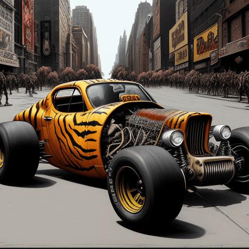 AI generated: Zombie tiger, artwork by ed roth, concept art drawing, one screwball rat fink hotrod, massive v8 eng...