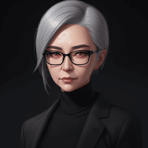 AI generated: a business woman with grey hair, black sweater and elegant glasses, a character portrait by Sim Sa-j...