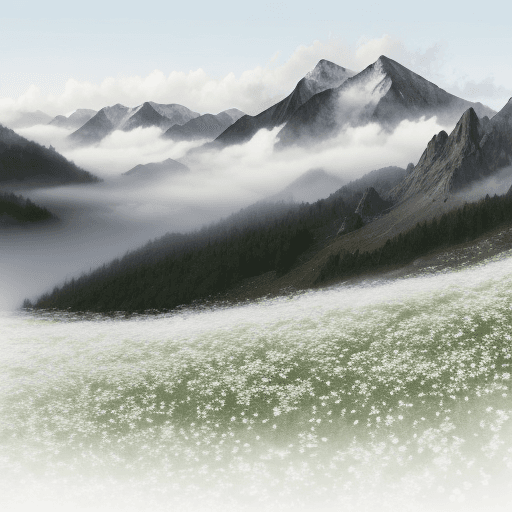 AI generated: Mountains with fog and small white flowers, graphic
