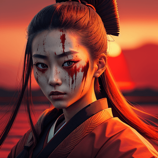 AI generated: A portrait of a female Samurai, long straight hair in a topknot, wearing traditional samurai clothin...