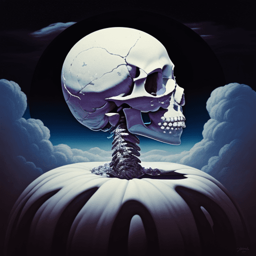 AI generated: surrealist painting of a human skull with the moon, clouds, and melting flowers, abstract, surreal