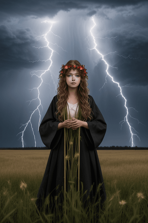 AI generated:  A young goddess with long wavy hair, standing in a flower field of tall grass. She is wearing a dar...