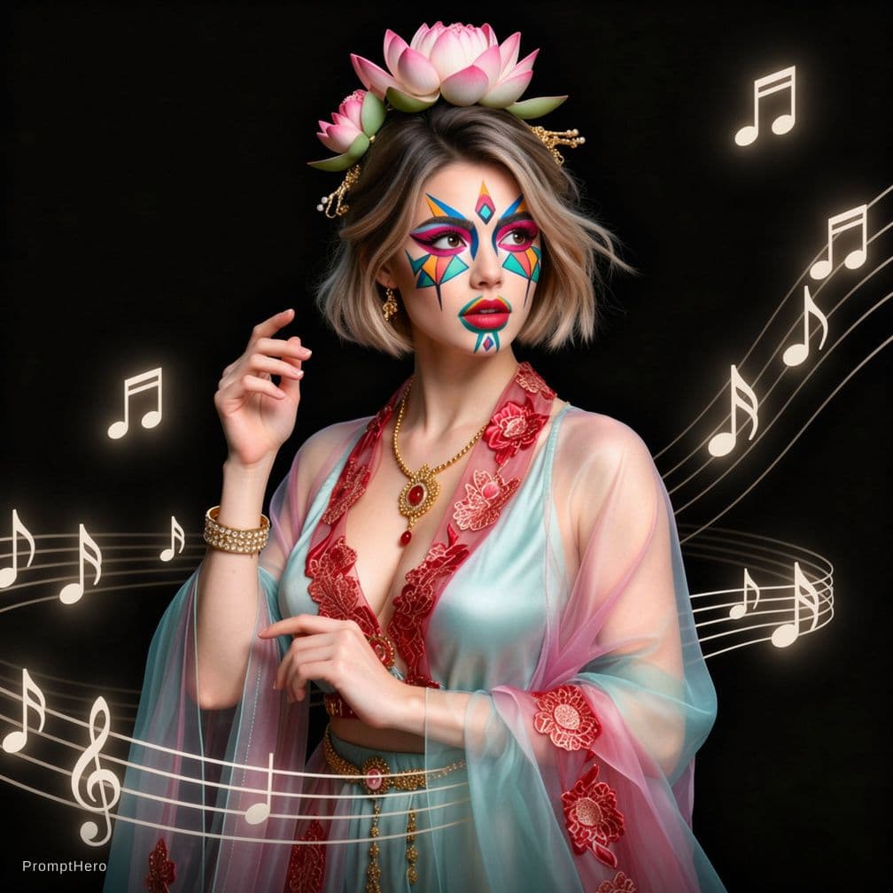 AI generated: A woman in avant-garde fashion pose with abstract makeup, against a black background with floating m...