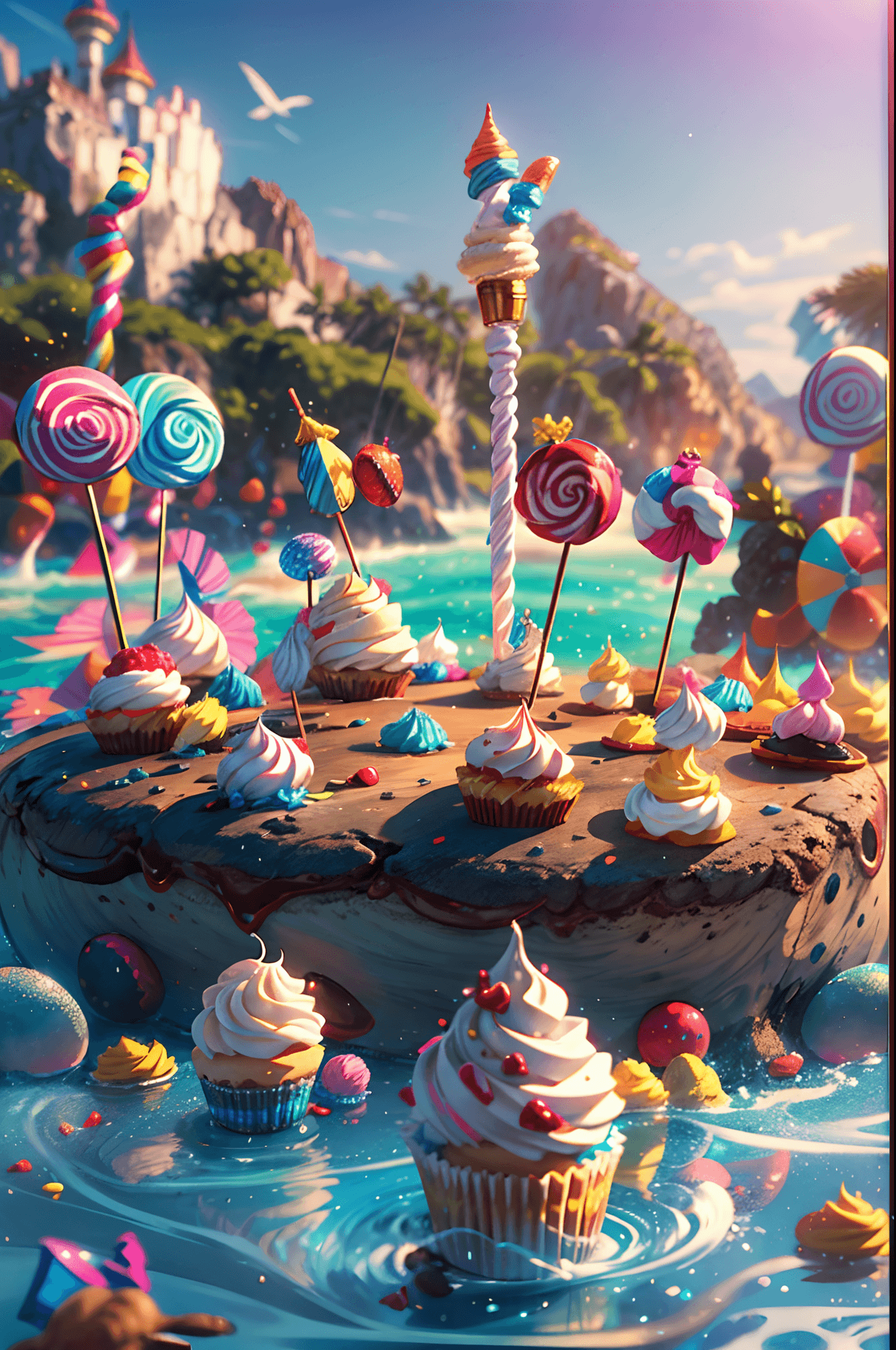 AI generated: 100 mm lens, cinematic shot, centered, award winning CGI, perfect angle, {island full of sweets and ...