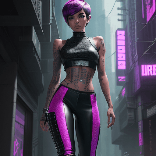 AI generated: Cyberpunk binary code tattooed freckled net runner Filipina girl,sporty, fit body, eleven line abs, ...