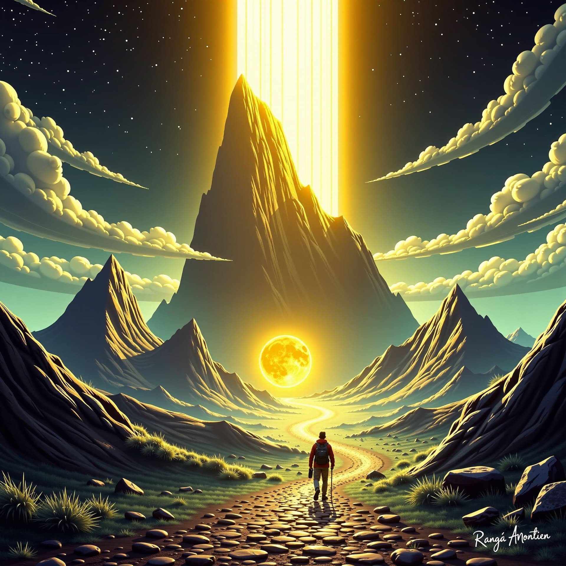 AI generated: "A surreal landscape showing a lone traveler heading towards a glowing portal, inspired by neon surr...