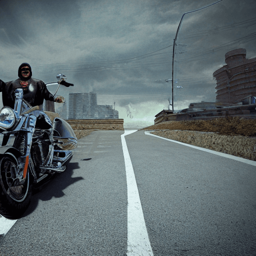 AI generated: brutalism biker on his harley-davidson in Tim burton Style, ultra detailed, ultra realistic, photogr...
