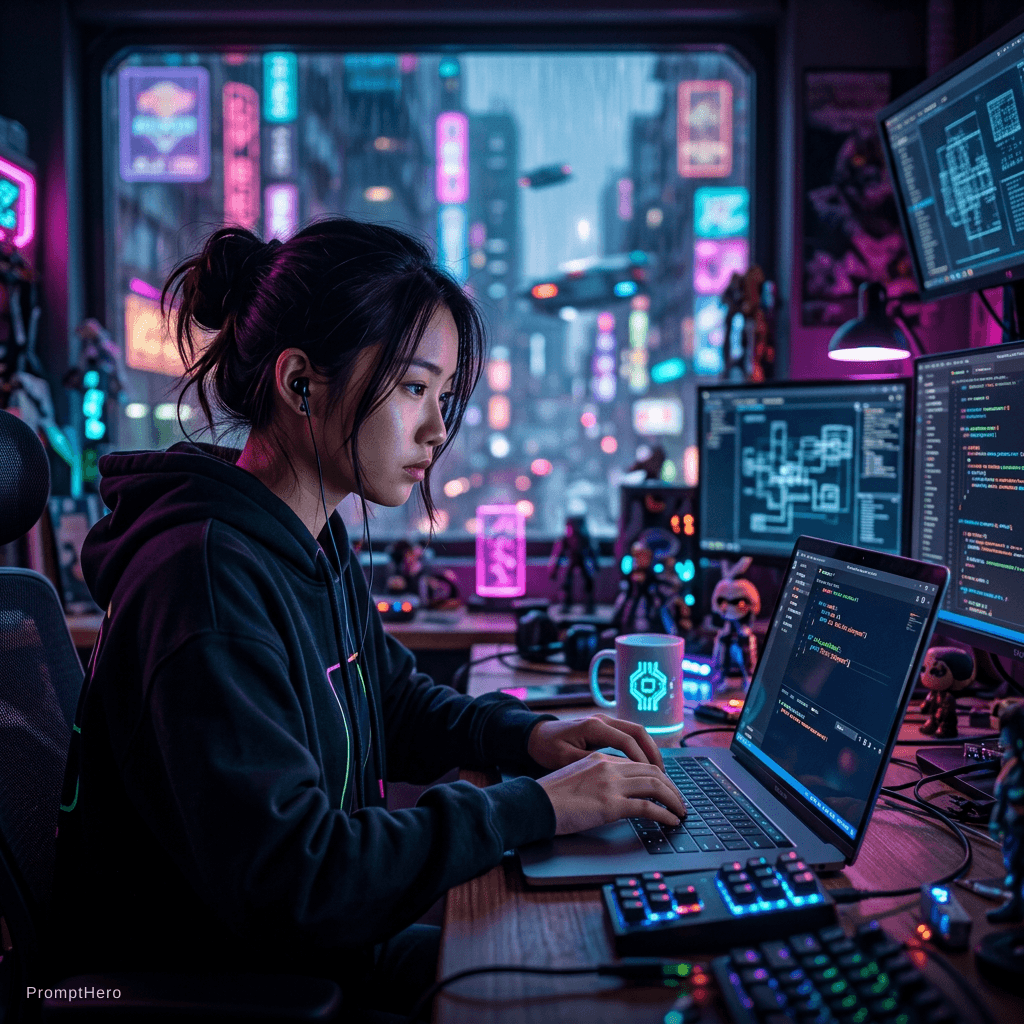 AI generated: Ultra realistic portrait of a girl studying coding at night, laptop glow lighting, cyberpunk room, c...
