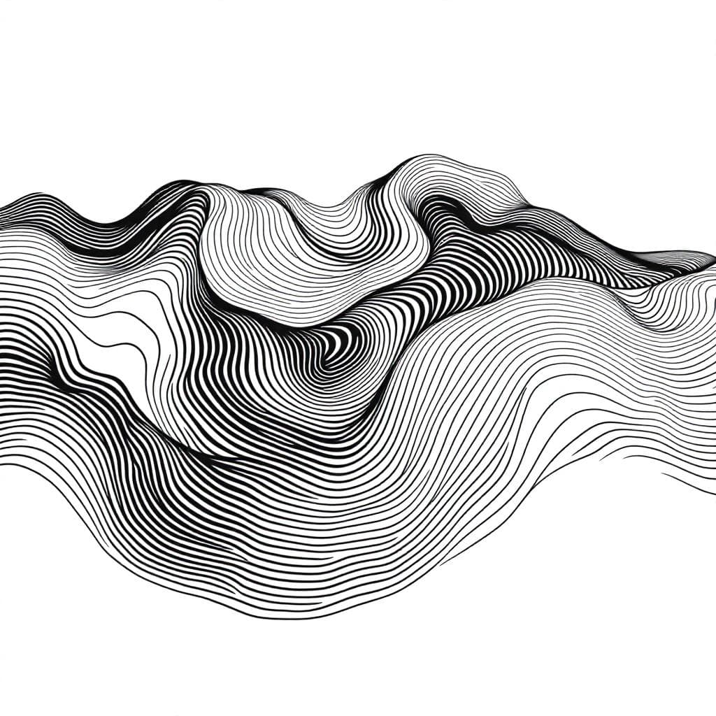 AI generated: Minimalist abstract topographic line art on a white. Smooth, flowing contour lines in black, gently ...