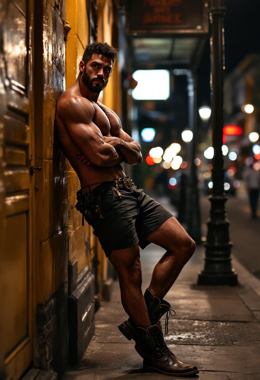 AI generated: high-resolution full body photo, front view, muscular Brazilian man, show boots, wearing cut off sho...