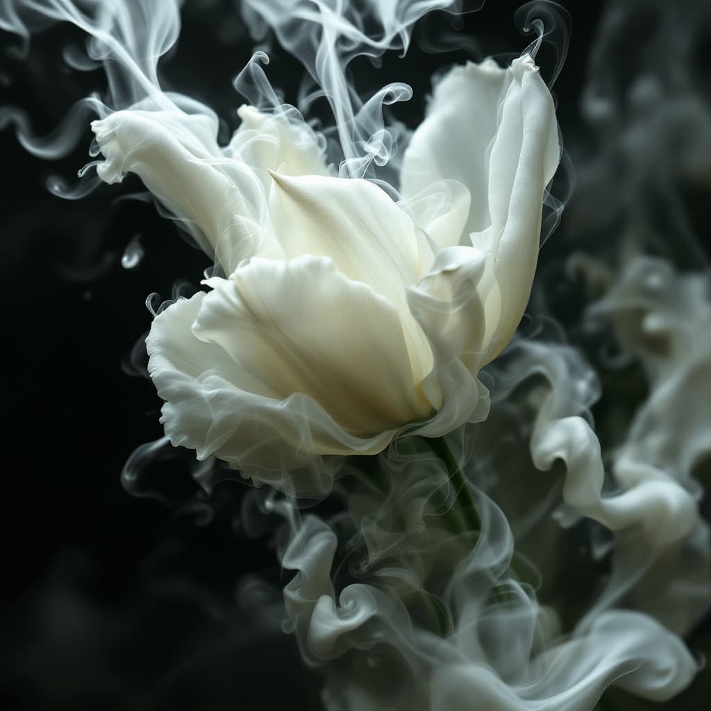AI generated: white tulip bouquet opening, liquid smoke fractals, elegant botany, dynamic movement, raphael, carav...