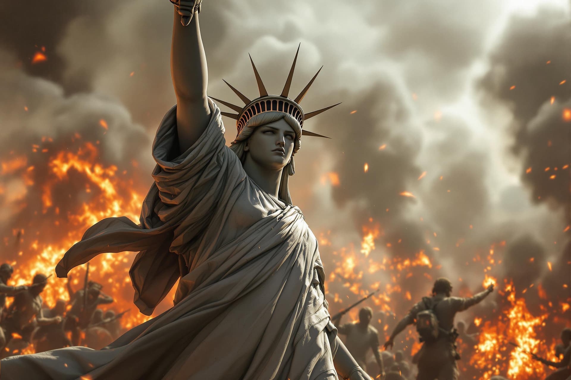 AI generated: a hyper-realistic 'Liberty Leading the People.' character design, smoke , photorealistic , octane re...
