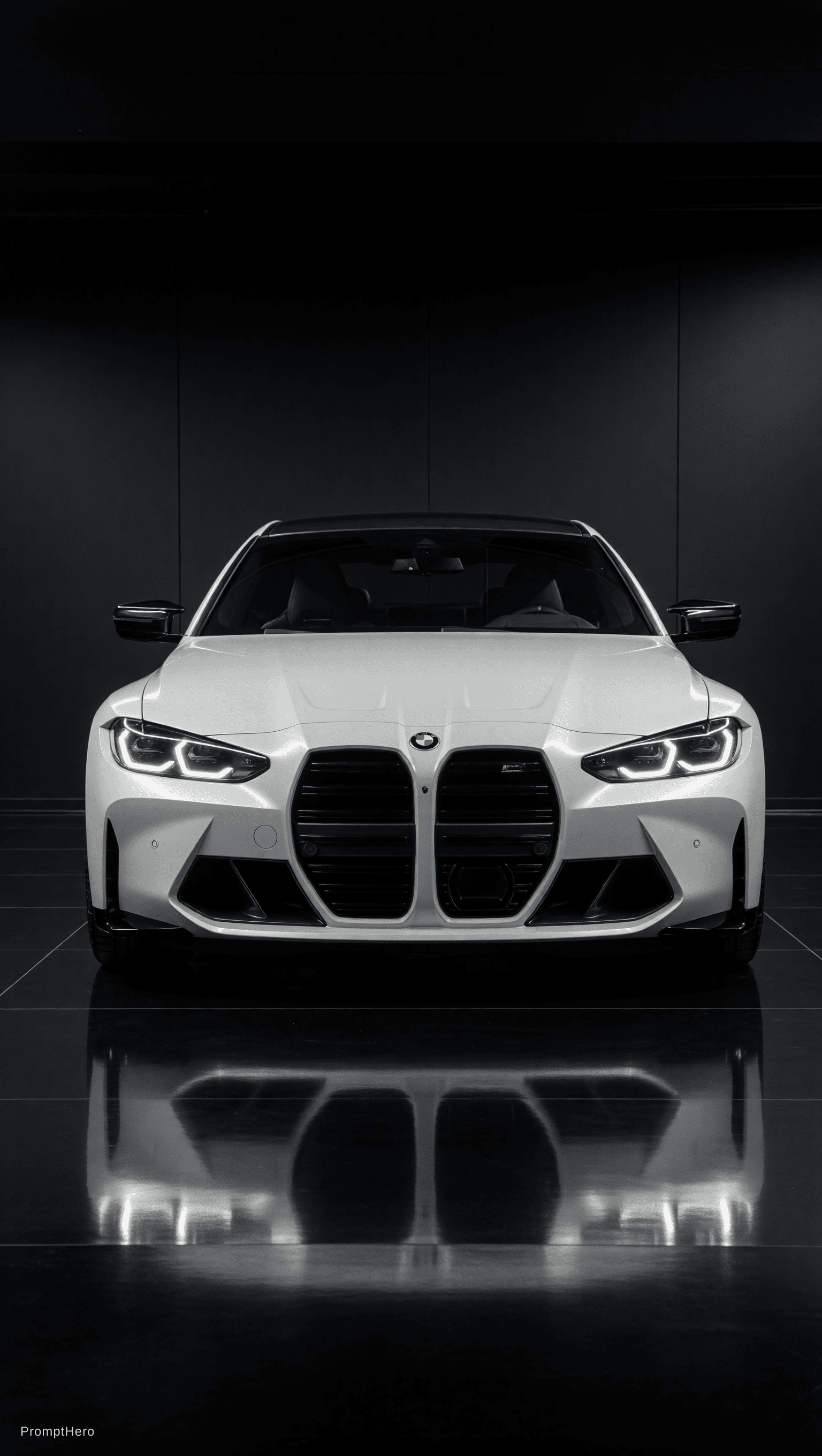 AI generated: Ultra realistic front-facing studio photograph of the same white BMW M4 Competition G82 coupe, cente...