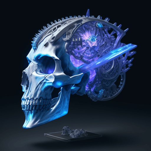 AI generated: Biomechanical skull with moving parts mostly made of polished metal lit from the inside with blue an...
