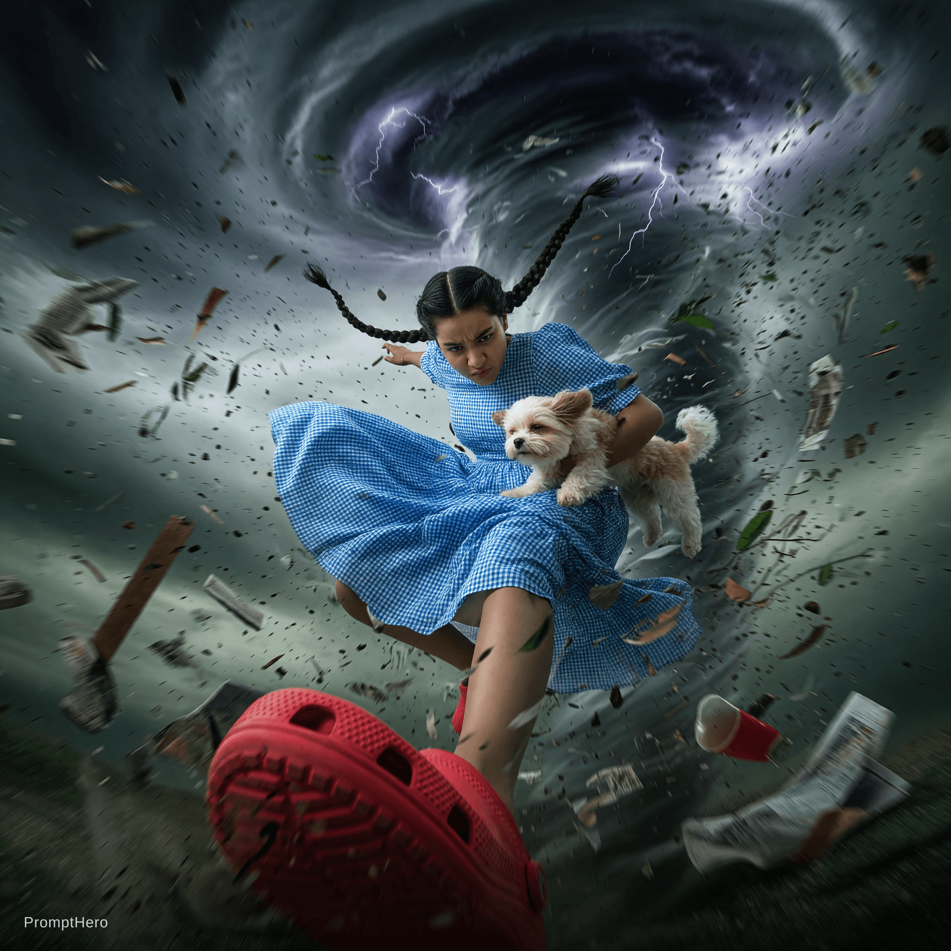 AI generated: {
  "scene": {
    "setting": "inside a swirling tornado",
    "mood": "dramatic and surreal",
    "...