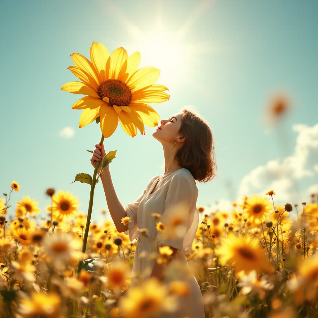 AI generated: A girl holding a huge flower, micro art, girl standing in the summer field basking in the sun, summe...