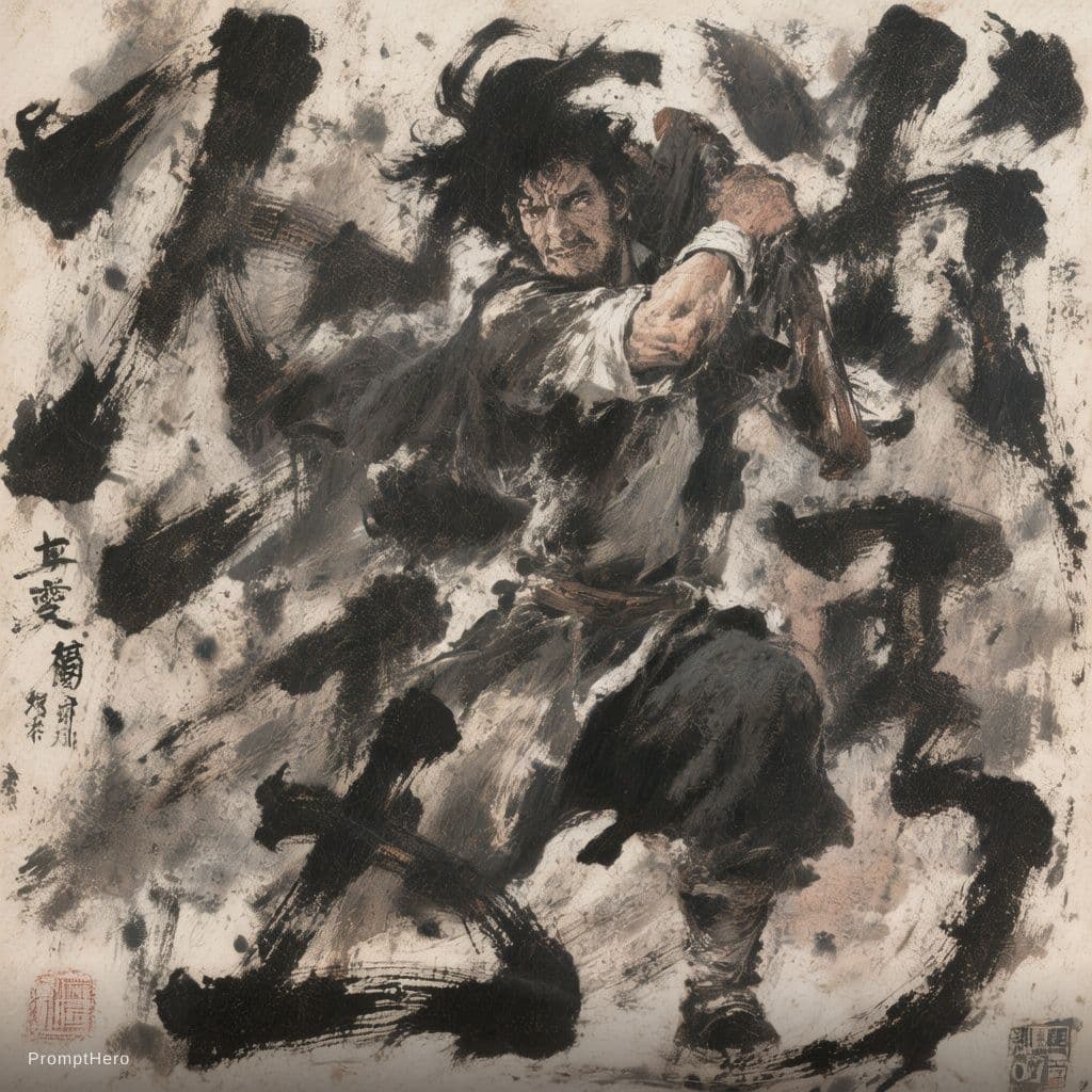 AI generated: china black brush painting, in the style of kazuki takamatsu, loose compositions, théodore géricault...