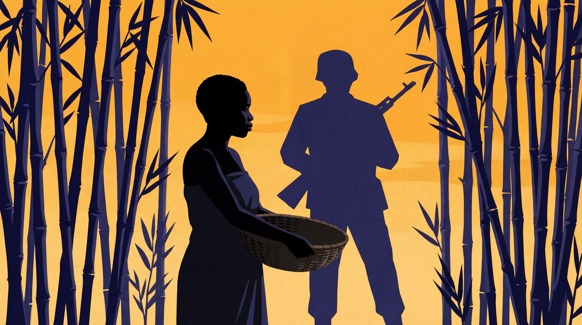 AI generated: A Congolese woman stands in profile behind the sharp, rhythmic vertical lines of a bamboo enclosure....