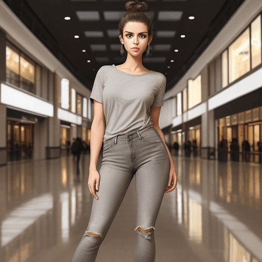 AI generated: Full body shot portrait of a beautiful brunette model, brown eyes, light grey casual shirt,  jeans, ...
