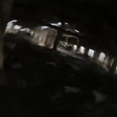 AI generated video: POV as if you are the drone flying through an abandoned industrial warehouse. You speed through brok...