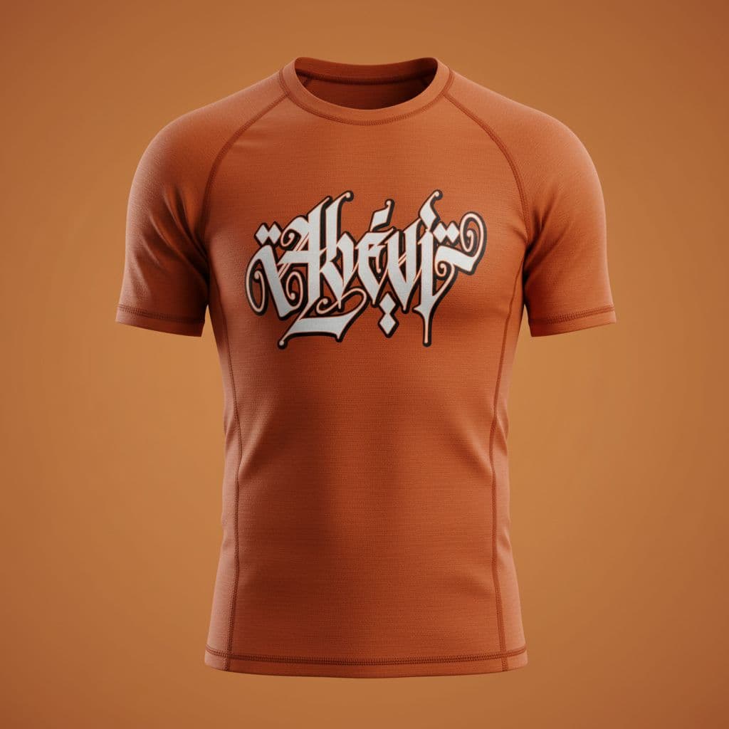AI generated: PUT THIS LOGO IN THE MIDDLE ON A 3D HIGH QUALITY ORANGE MIXED MARTIAL ARTS SHIRT  RENDERING, FRONT V...
