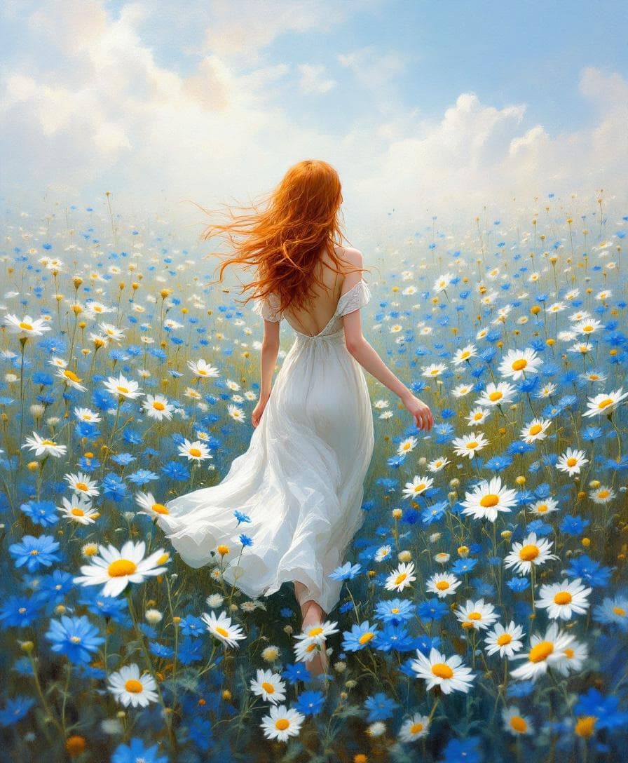 AI generated: Oil painting of a red-haired woman walking through a field of blue and white flowers, her dress ligh...