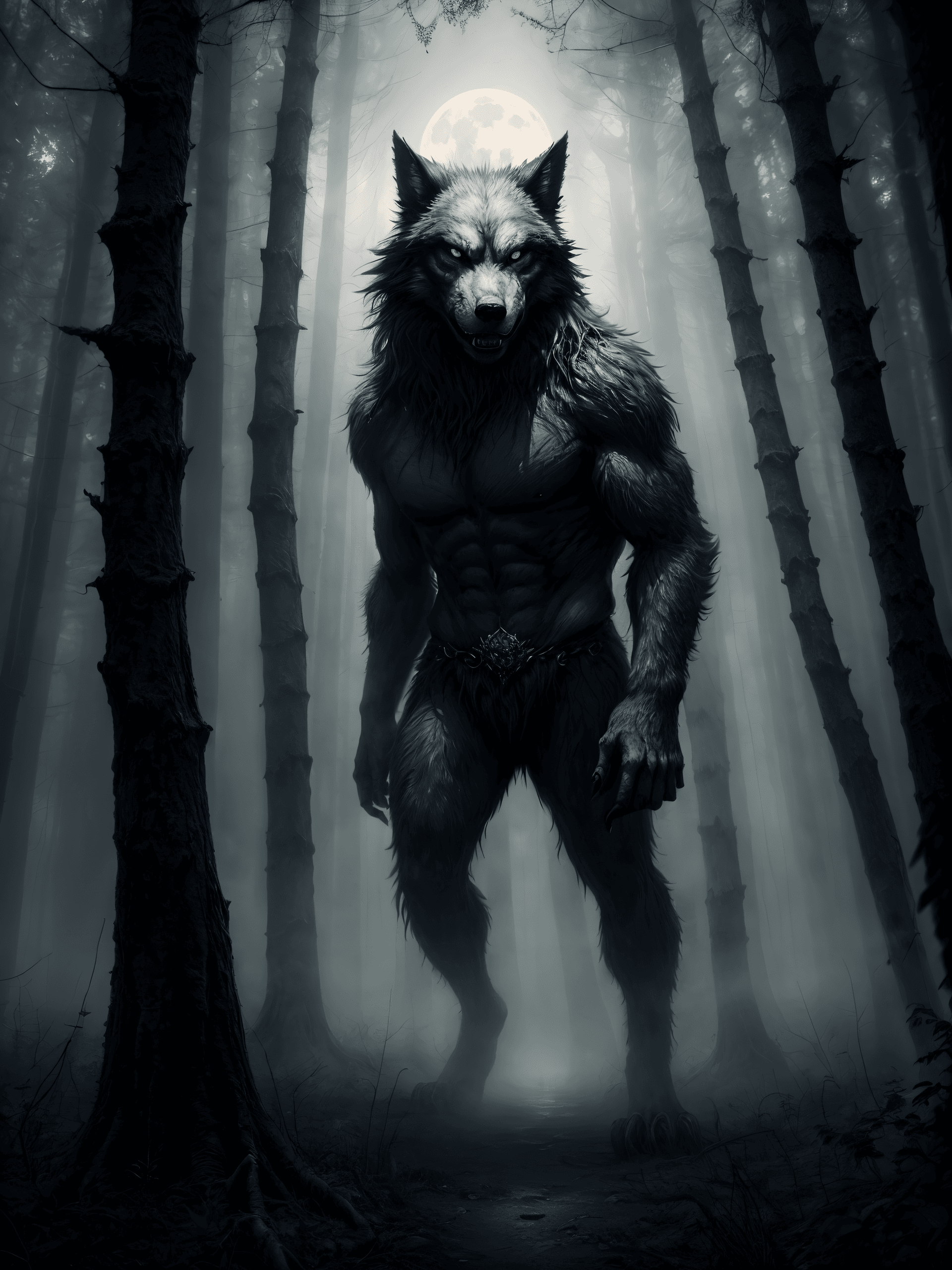 AI generated: (Masterpiece, Award winning, Highest Quality:1.2) full body shot, A werewolf, dark forest, mist, ful...