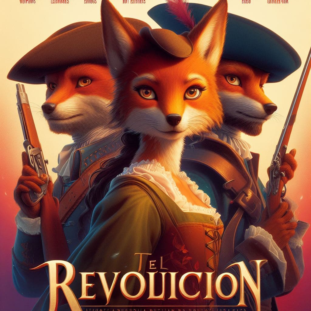 AI generated: title REVOLUCION Movie poster, three anthropomorphic foxes; with a French mustache; 16th century, mu...