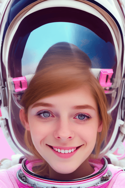 AI generated: close up portrait photo of a young astronaut girl, ((( sitting on a pink cloud))), full body , ultra...