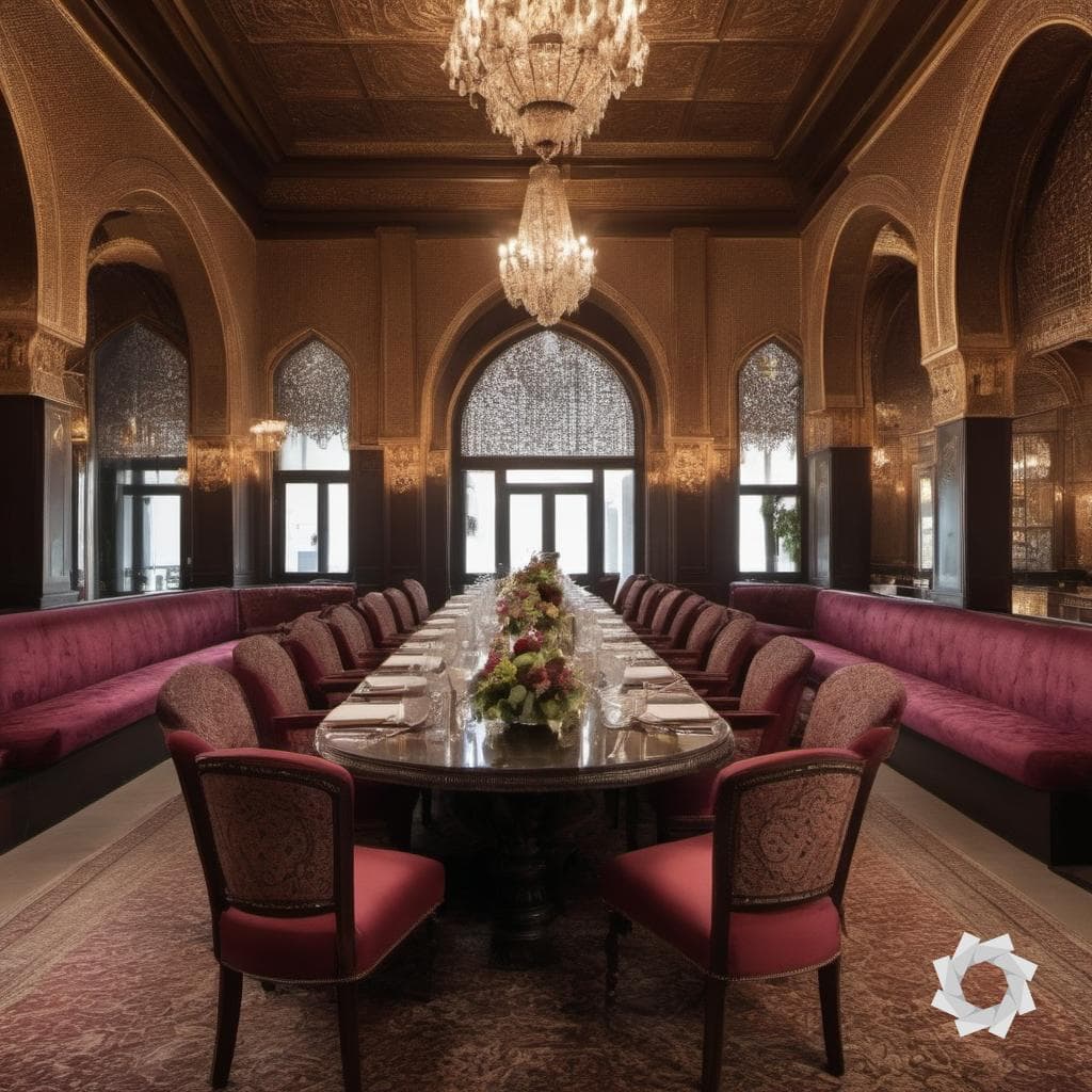AI generated: Picture a fine dining restaurant exuding the opulent charm of Ottoman style interior design. Ornate ...