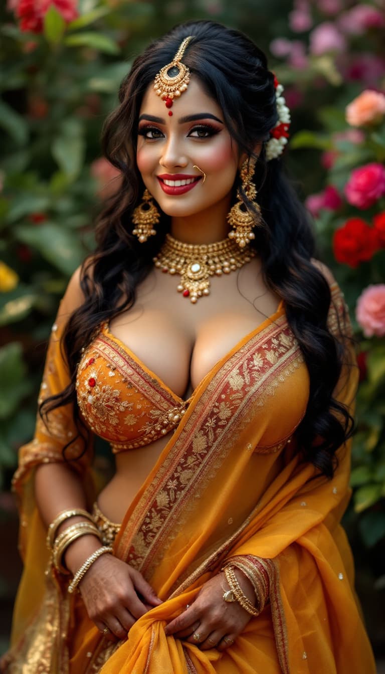 AI generated: full body  plus size Indian bride woman  without blouse and undergarments, tight full front view lar...